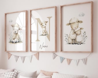 Personalized Sheep Nursery Prints: Watercolor Lamb, Beige Baby Room Decor