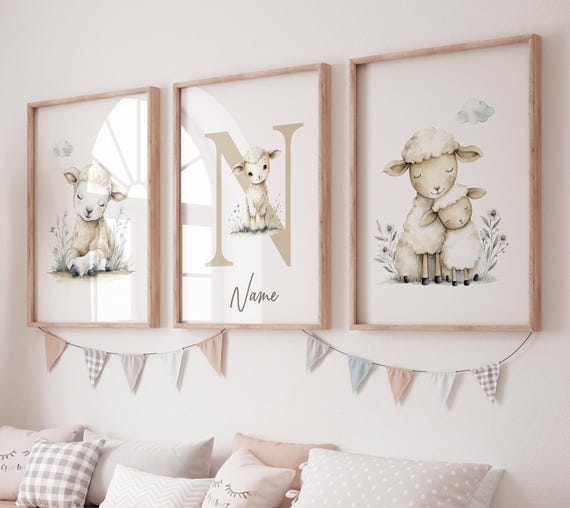Personalized Sheep Nursery Prints: Watercolor Lamb, Beige Baby Room Decor