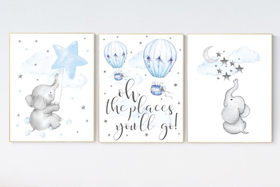 Nursery decor elephant, Nursery decor boy hot air balloon, boy nursery decor, oh the places you'll go, blue and gray nursery, elephant