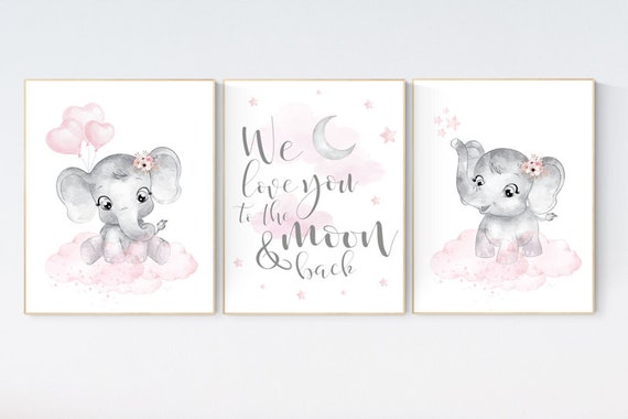 Nursery wall art girl elephant, pink and gray nursery, we love you to the moon and back, pink nursery art, moon and stars, baby room decor