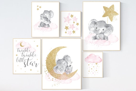 Nursery decor girl, Nursery decor elephant, baby room decor girl gold and pink, gold nursery art, to the moon and back, cloud stars nursery