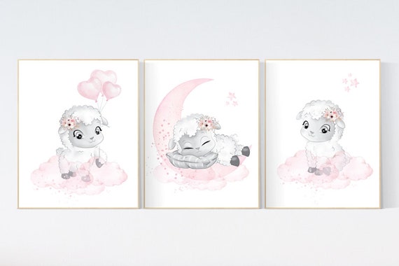 Sheep nursery decor, Nursery decor girl, nursery decor lambs, nursery wall art sheep, moon and cloud wall art nursery, girl nursery decor