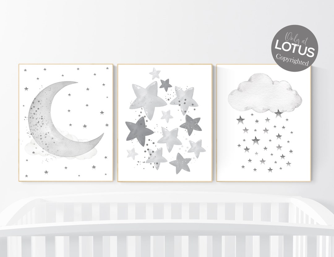 Moon and Stars Nursery Art: Neutral Gray Baby Room Decor - Etsy