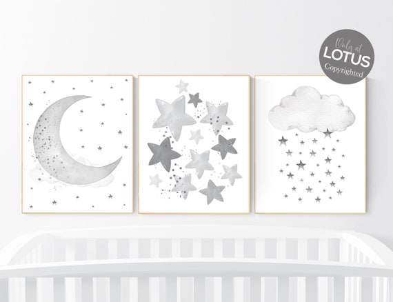 Moon and Stars Nursery Art: Neutral Gray Baby Room Decor
