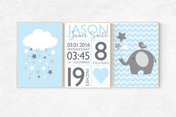 Nursery decor boys elephant, blue and gray nursery, nursery wall art boy, nursery wall art elephant, nursery prints elephant, birth stats