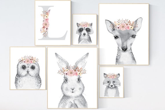 Nursery decor girl boho, bunny, fox, deer, owl, animal nursery, woodland nursery decor girl, animal prints for nursery girl, blush, peach