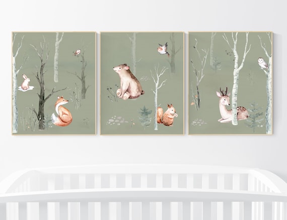 Nursery decor woodland animals, gender neutral, Woodland Nursery Wall Art, Woodland animal prints, forest, animal nursery, green nursery