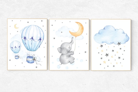 Nursery decor neutral, nursery wall art elephant, hot air balloon, cloud nursery decor, star and moon nursery wall art, gender neutral