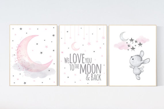 Girls room decor, Nursery decor girl pink and gray, nursery decor girl pink, Bunny nursery, we love you to the moon and back, rabbit nursery