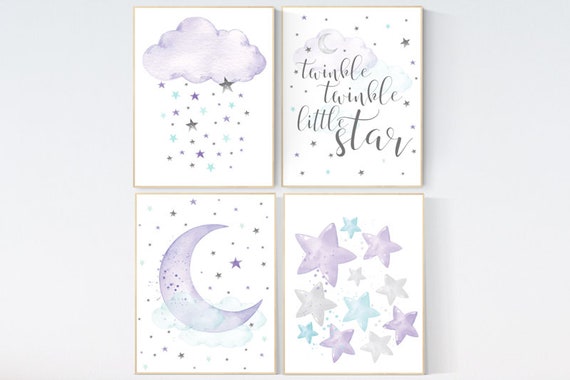 Nursery wall art girl, purple nursery, girl nursery room, twinkle twinkle little star, purple, lilac, teal. Turquoise, moon and stars