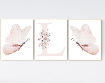 Láminas de mariposas para guardería: decoración floral en rosa ruborizado, juego de 3