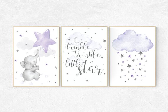 Nursery decor elephant, Nursery decor girl purple, nursery wall art, lavender and gray, lilac nursery, twinkle twinkle little star, purple