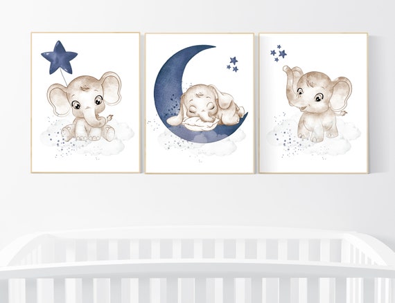 Navy nursery decor, moon and stars, navy blue nursery art. baby room wall art, boy nursery decor, set of 3, nursery prints boy, elephant art