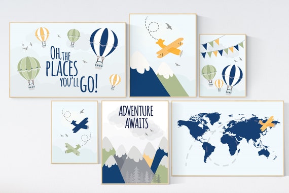 Adventure nursery decor, Nursery decor boy mountains adventure, nursery decor boy airplane, world map nursery, adventure awaits, navy yellow