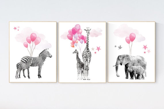 Baby animal prints, Safari Nursery, watercolor animals for nursery, Nursery animal print, Pink Nursery, Nursery decor elephant, nursery set