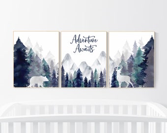 Nursery decor woodland, mountain wall art, tree nursery decor, forest nursery, navy teal, adventure awaits Nature Theme, Boy Nursery Decor