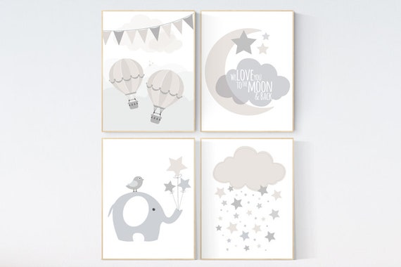 Gender neutral nursery, Cloud nursery, beige and cream, hot air balloon, Nursery Decor, Gray Beige, gender neutral nursery, gray nursery