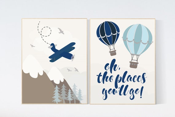 Nursery decor boy adventure, nursery decor mountain, baby room, plane nursery, boy nursery wall art, adventure nursery, hot air balloons