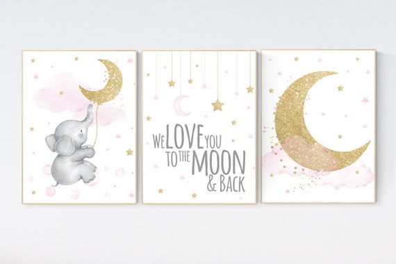 Nursery wall art elephant, pink and gold nursery, we love you to the moon and back, pink nursery art, cloud and stars, baby room decor