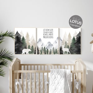 Nursery decor woodland, mountain wall art, tree nursery decor, adventure theme nursery, forest, sage green, beige, woodland animals