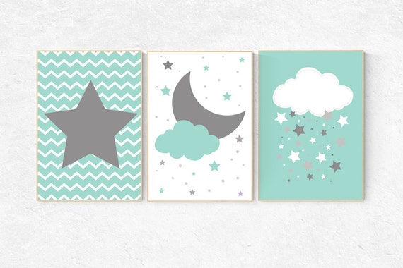 Mint nursery decor, cloud nursery mint nursery, star nursery decor, nursery wall art, set of 3, nursery prints, baby room decor mint nursery