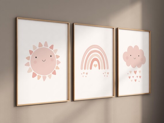 Pink rainbow wall decor, Nursery prints rainbow, Blush nursery wall art, blush pink, sun nursery art, Cloud and rainbow prints