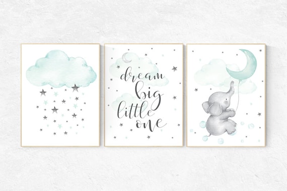 Nursery decor elephant, mint green nursery, dream big little one, nursery wall art animals, cloud and raindrops, nursery wall art teal