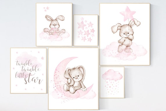 Nursery wall art girl, Rabbit nursery print, Nursery decor girl bunny, nursery print set girl, Bunny wall art, Bunnies nursery print set