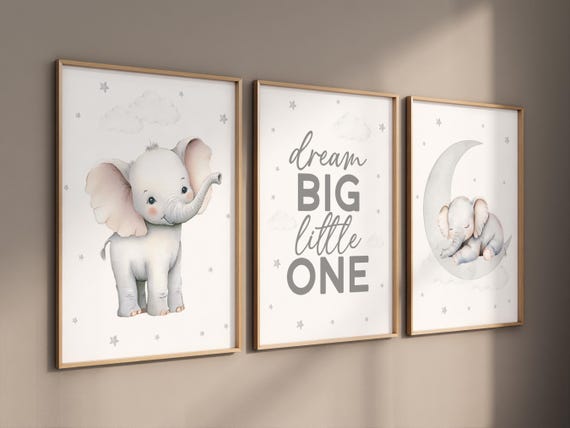 Elephant Nursery Print Set: Neutral Baby Room Decor, Safari Theme