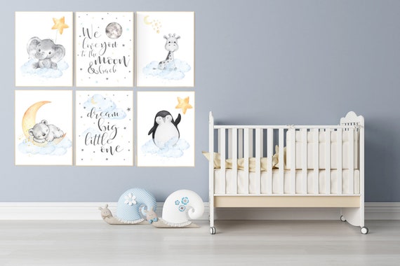 Nursery wall art elephant, nursery decor hot air balloons, cloud nursery decor, Nursery decor neutral, moon and stars nursery gender neutral