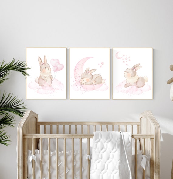 Nursery decor girl flower bunny, nursery wall art bunny, pink nursery decor, bunny print nursery girl, rabbit nursery, rabbit print nursery