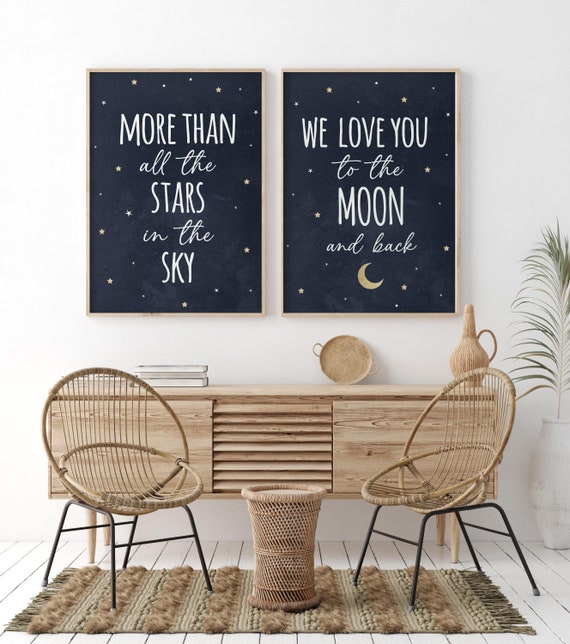 Nursery decor boy navy blue, Nursery wall art boy, navy and gold, nursery decor, moon and stars, we love you to the moon and back