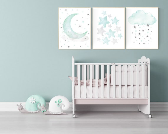 Mint and gray nursery wall art, mint green nursery decor, moon and stars nursery, gender neutral, baby room wall art, star nursery, moon