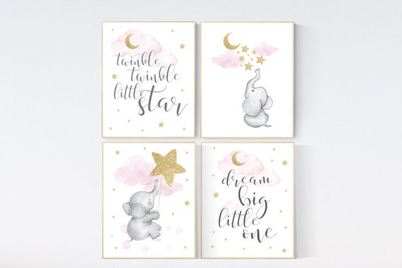 Nursery decor girl elephant, giraffe, pink and gold nursery, twinkle twinkle little one, pink nursery art, cloud and stars, baby room art