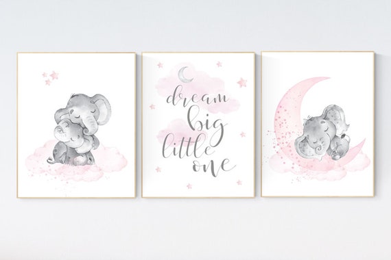 Nursery wall art girl elephant, pink and gray nursery, pink nursery art, moon and stars, baby room decor, pink nursery wall art