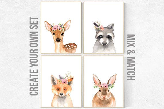 Nursery decor girls, Nursery prints woodland, animal flower crown, nursery prints animals, nursery decor girl flower, deer, bunny, fox