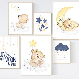 Nursery decor, bear nursery, navy yellow gray, gender neutral nursery, navy Blue, moon and stars, navy nursery, boy nursery, navy yellow