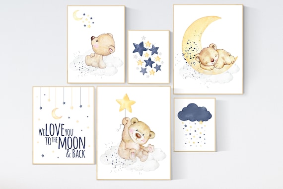 Nursery decor, bear nursery, navy yellow gray, gender neutral nursery, navy Blue, moon and stars, navy nursery, boy nursery, navy yellow