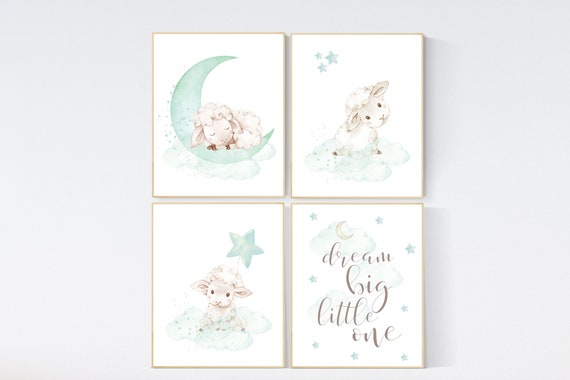 Mint nursery decor, nursery decor lambs, Sheep nursery decor, nursery wall art sheep, gender neutral nursery, cloud and star, mint green
