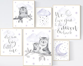 Owl Nursery Print Set: Purple Lilac Baby Girl Room Decor