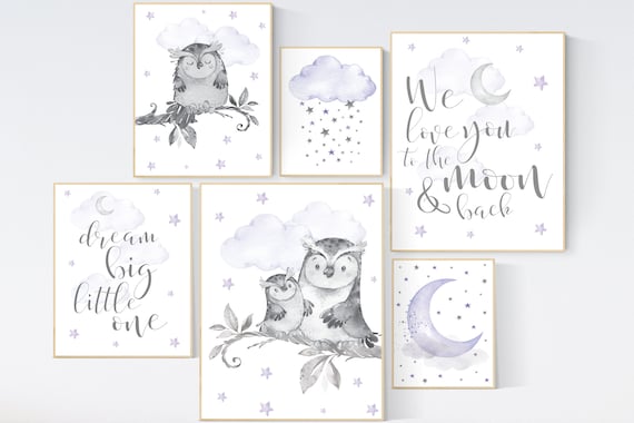 Owl Nursery Decor girl, purple nursery, owl print nursery, Baby girl room, nursery wall art owl, Owl wall art print, lilac nursery, lavender