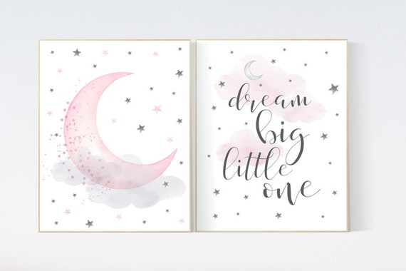 Nursery decor girl, nursery wall art girl pink, pink nursery, dream big little one, moon print, nursery print, moon and stars nursery art