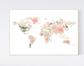 Floral World Map, Girl Nursery Decor, Travel Nursery Art, floral Nursery Print,  blush nursery, Nursery baby girl room, girl room decor