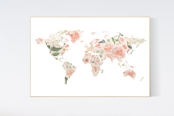 Floral World Map, Girl Nursery Decor, Travel Nursery Art, floral Nursery Print,  blush nursery, Nursery baby girl room, girl room decor