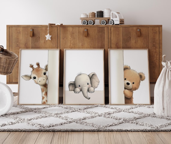 Peek a Boo Safari Animals Nursery Wall Art Set of 3, Giraffe Elephant Bear
