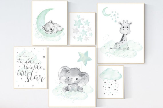 Nursery decor mint, mint green nursery, elephant, giraffe, bear nursery, twinkle twinkle little star, gender neutral nursery, cloud