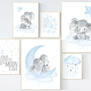 Nursery decor boy elephant, nursery wall art boy, Blue and gray, cloud and stars, baby room art elephant, elephant nursery art, moon nursery