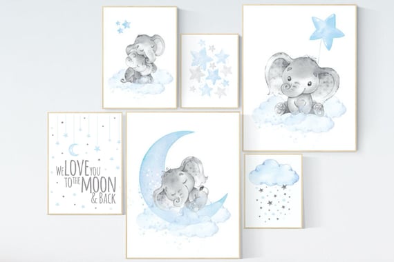 Nursery decor boy elephant, nursery wall art boy, Blue and gray, cloud and stars, baby room art elephant, elephant nursery art, moon nursery