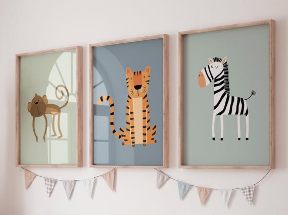Safari Animal Nursery Prints: Boho Jungle Art, Set of 3