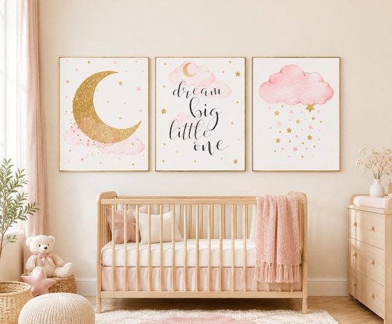 Pink and Gold Nursery Art: Moon, Stars, Cloud Prints